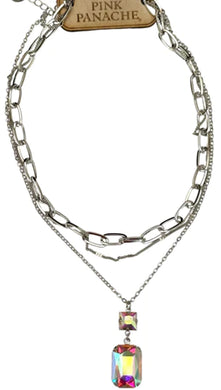 3-strand silver chain necklace with AB square and rectangle rhinestone pendant