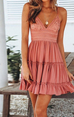 Lace Tie Back Tiered Ruffle Dress Pink