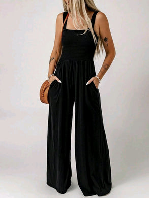 Black Smocked Sleeveless Wideleg Jumpsuit