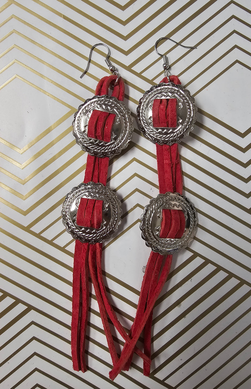 Red Leather Concho Earrings