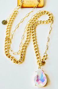 Large white opal teardrop on gold curblink and paperclip chain long necklace