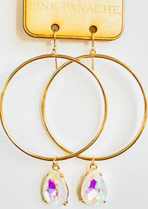 Small white opal teardrop on large gold circle hoop earring