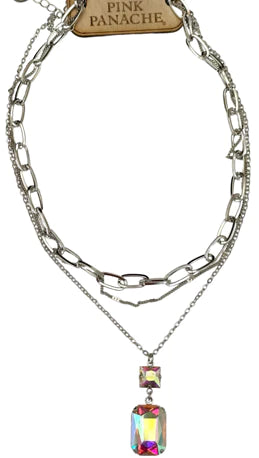 3-strand silver chain necklace with AB square and rectangle rhinestone pendant