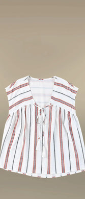 White Striped Print Loose V Neck Short Sleeve Top