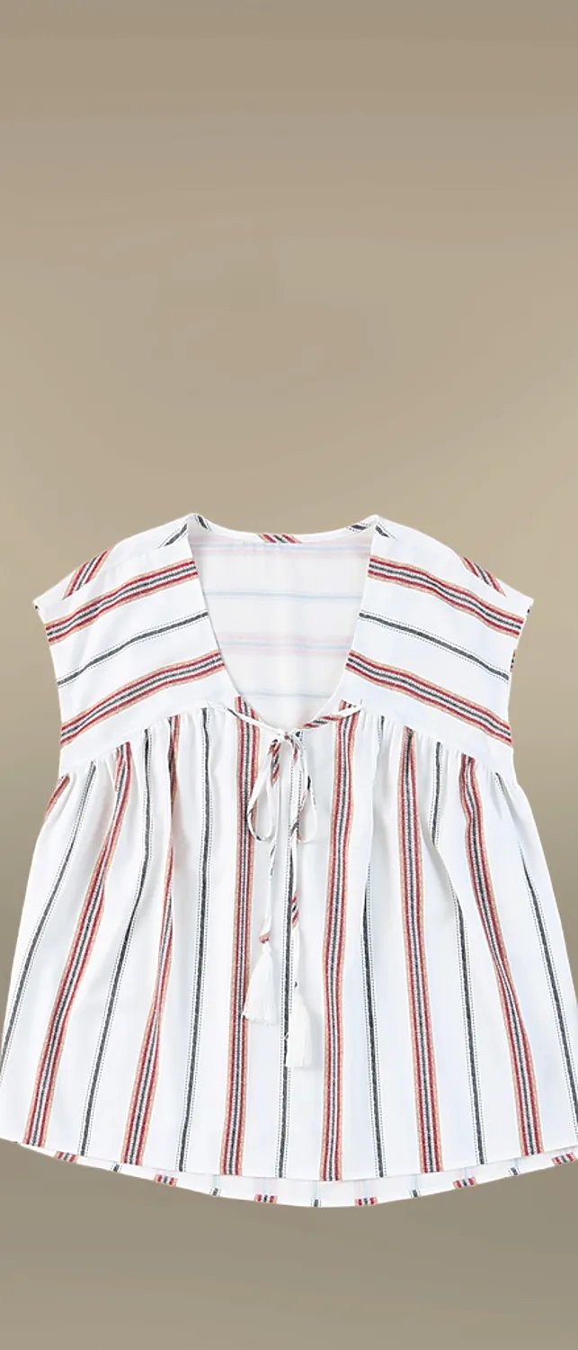 White Striped Print Loose V Neck Short Sleeve Top