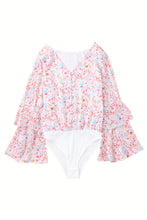 Load image into Gallery viewer, Pink Tiered Ruffled Bell Sleeve Floral Bodysuit