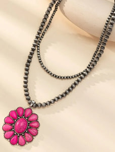 Fushia Flower Pendant Beaded Necklace