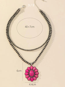 Fushia Flower Pendant Beaded Necklace
