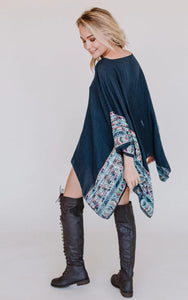 Fallon Embroidered Sleeve Poncho Blue
