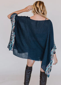 Fallon Embroidered Sleeve Poncho Blue
