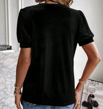 Load image into Gallery viewer, Black Velvet Ribbed Solid Puff Sleeve Tee