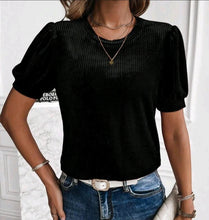 Load image into Gallery viewer, Black Velvet Ribbed Solid Puff Sleeve Tee