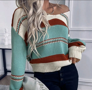 V Neck Striped Pattern Sweater