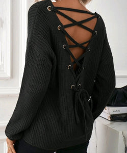 Black Lace Up Back Drop Shoulder Sweater