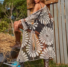 Load image into Gallery viewer, Embroidered Mesh Tie Front Longline Kimono