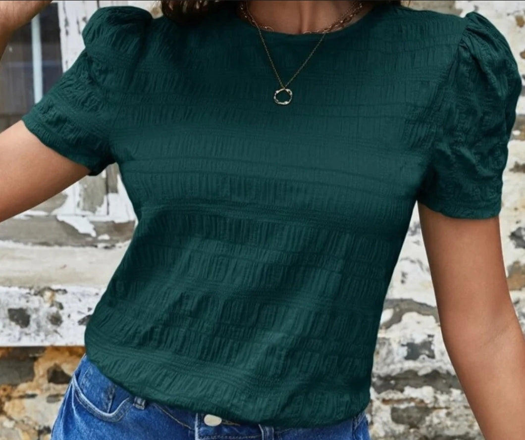 Emerald Textured Solid Puff Sleeve