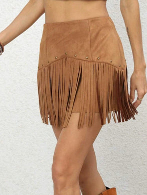 Fringe Trim Faux Suede Skirt