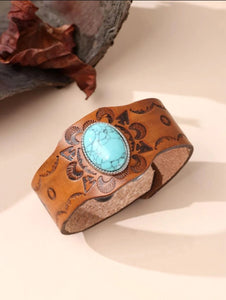 Turquoise and Leather Oval Stone Decor Bracelet