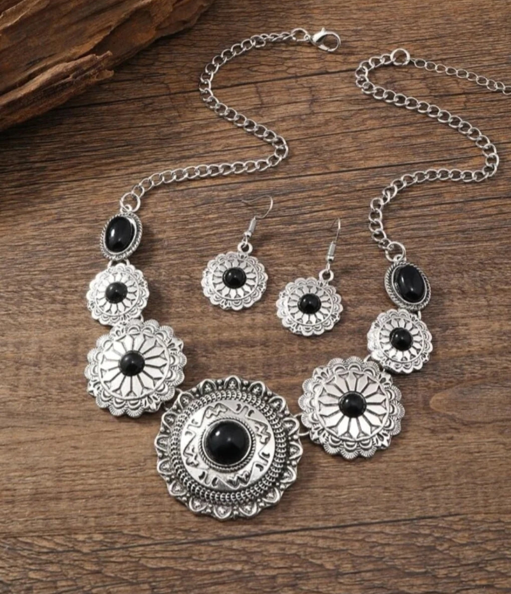 3pcs Black & Flower Decor Jewelry Set