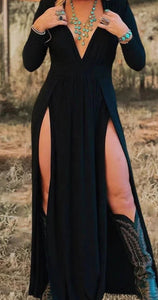 Slit Plunge Long Sleeve Dress Shipping Only