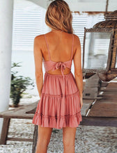 Load image into Gallery viewer, Lace Tie Back Tiered Ruffle Dress Pink