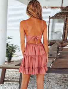 Lace Tie Back Tiered Ruffle Dress Pink