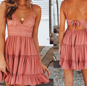 Lace Tie Back Tiered Ruffle Dress Pink