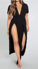 Load image into Gallery viewer, Women&#39;s Short Sleeve Plunging Deep V Neck Double Slit Thigh Dress