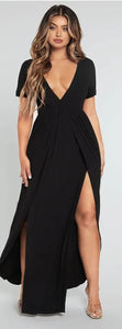 Women's Short Sleeve Plunging Deep V Neck Double Slit Thigh Dress