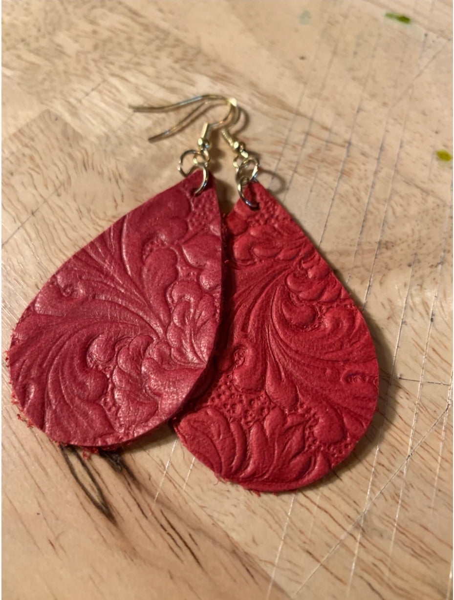 Leather Earrings Red Embossed