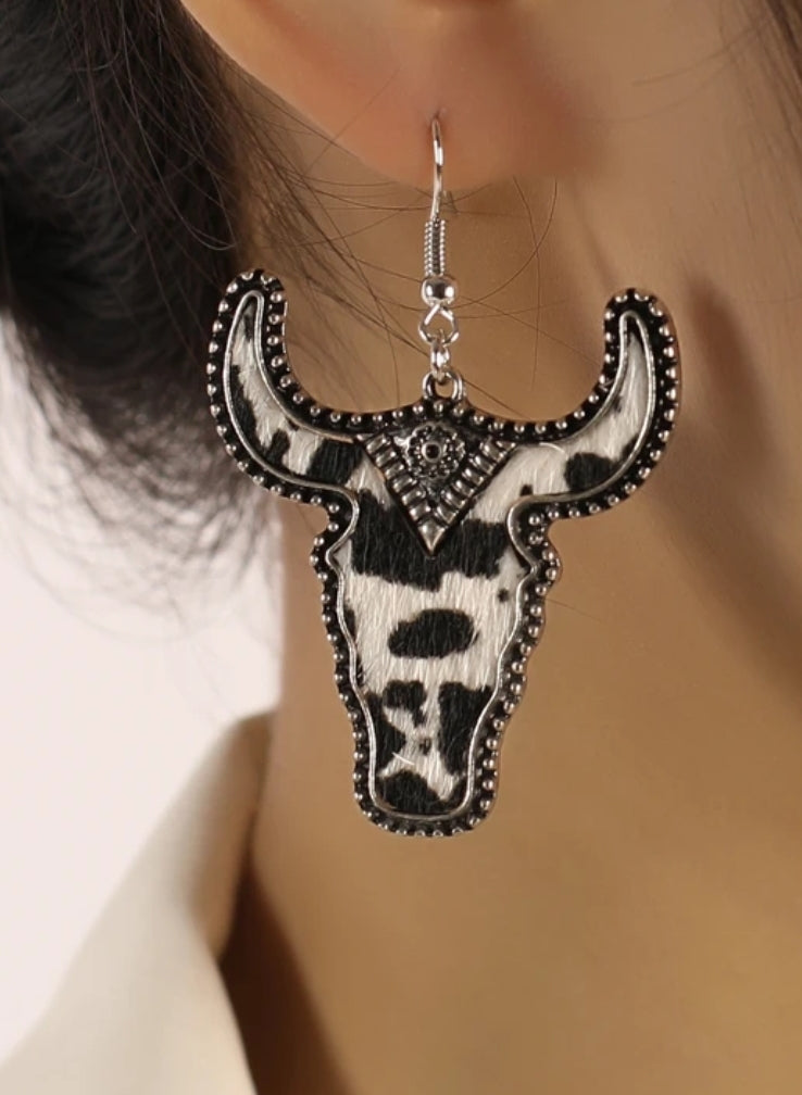 Faux Cowhide Cow Skull Drop Earrings