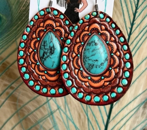 Turquoise teardrop leather earrings