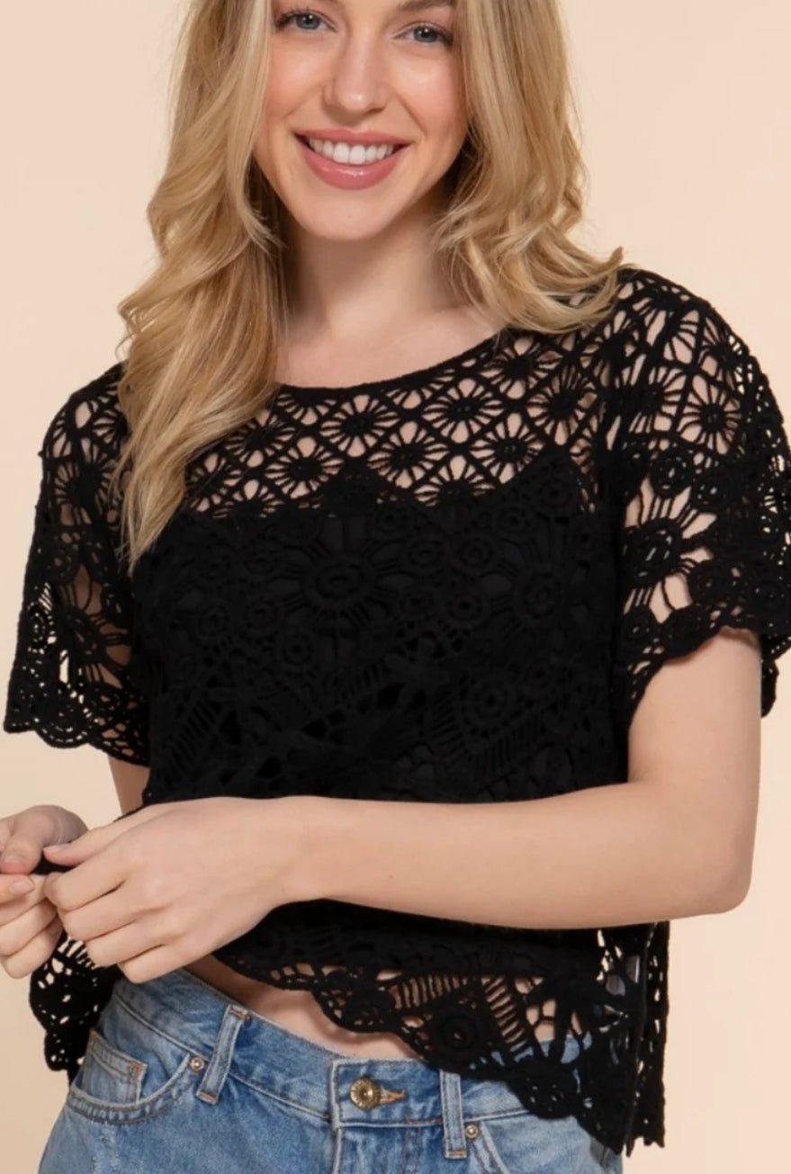 Black Scalloped Crochet Top