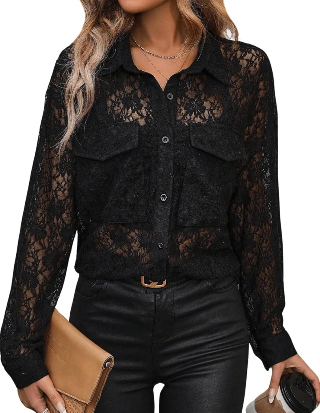 Black Lace Deop Shoulder Long Sleeve