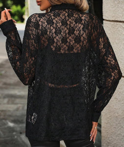 Black Lace Deop Shoulder Long Sleeve