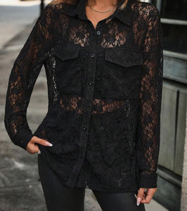 Black Lace Deop Shoulder Long Sleeve