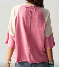 Load image into Gallery viewer, Pink Color Block Casual Knit Raglan Short Sleeve Loose T-Shirt