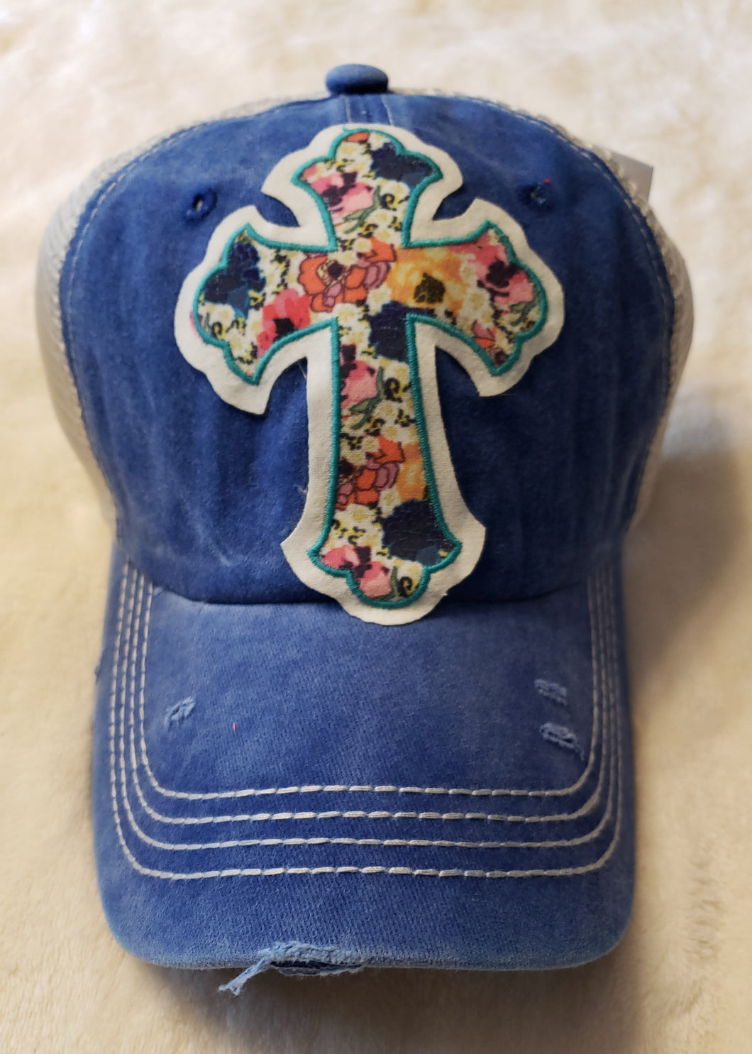 Royal Blue Distressed Hat with Cross