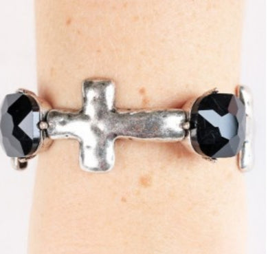 Black and Silver Cross Stretch Bracelet