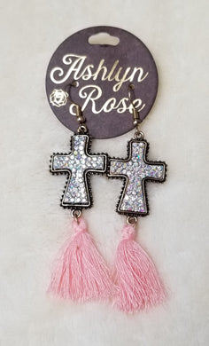 Cross earings with pink tassels