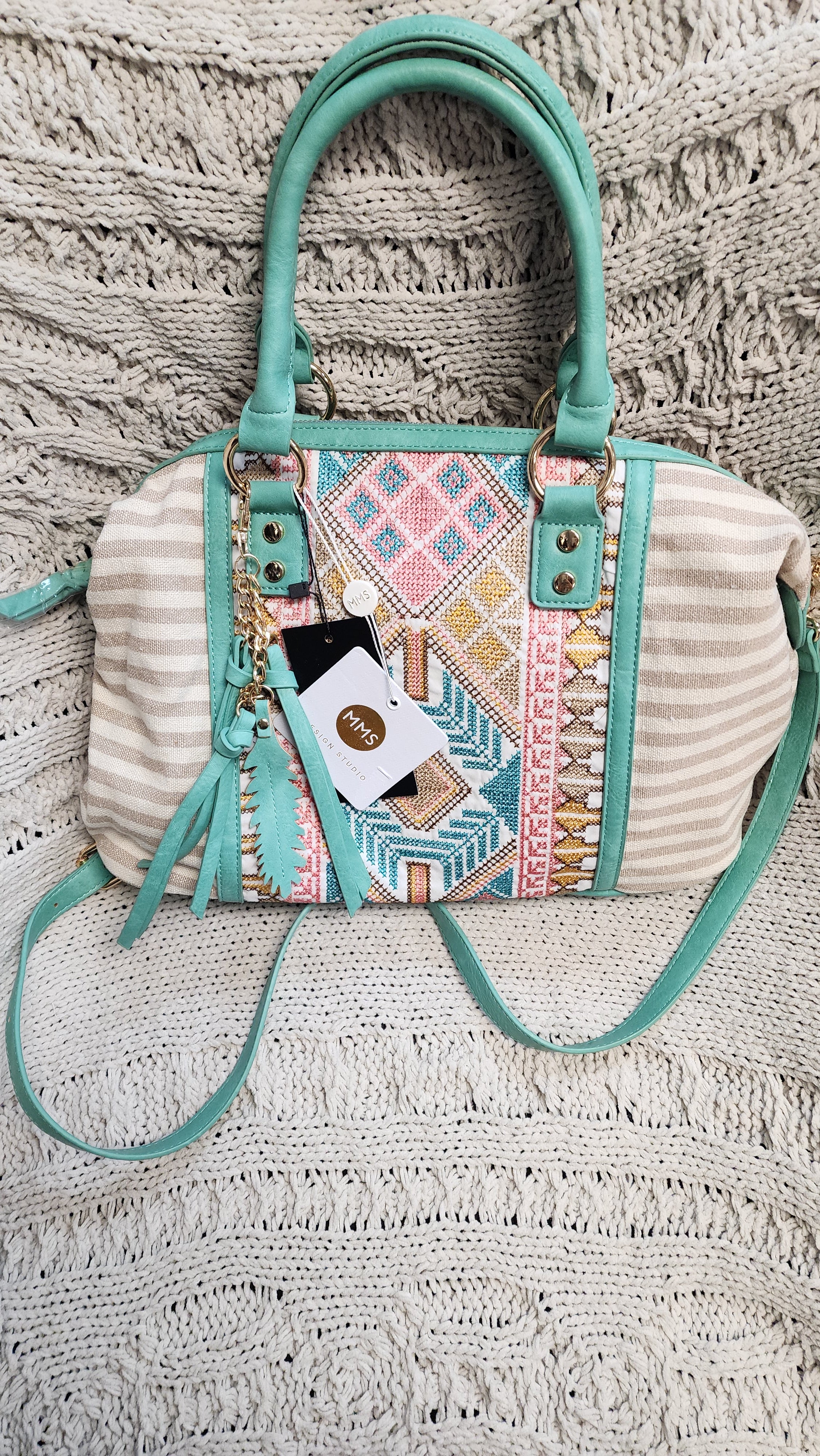Aztec & Stripe Print Boston Satchel Beige/Teal