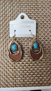 Turquoise Rock Brown LeatherTeardrop Earrings 05170