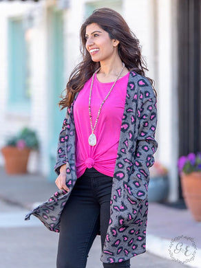 Grey and Pink Leopard Print Cardigan