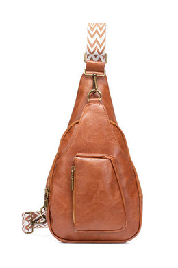 Brown Jacquard Strap Vintage PU Inclined Shoulder Bag