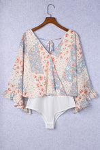 Load image into Gallery viewer, Sky Blue Floral Surplice Wide Sleeve Bodysuit