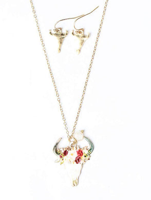 Floral Bull Skull Necklace Set gold