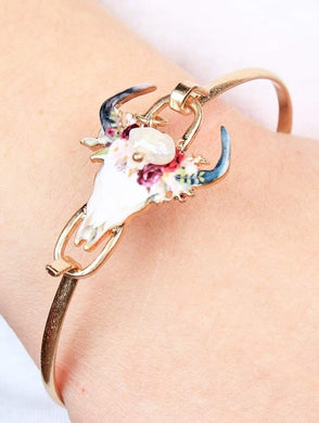 Floral Bull Skull Gold Bracelet