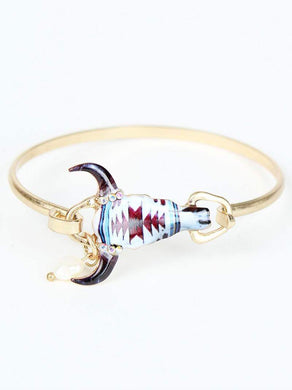 Maroon and White Navajo Steer Skull Gold Bracelet
