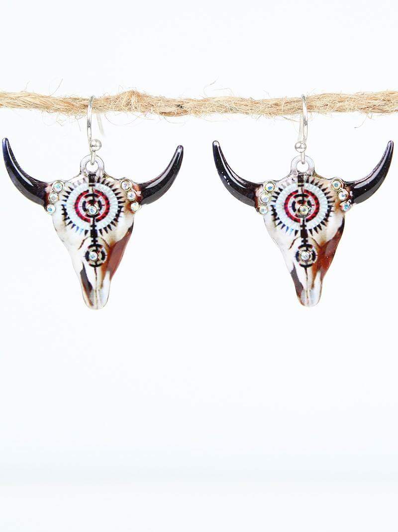 Beige Navajo Steer Skull Earrings Silver
