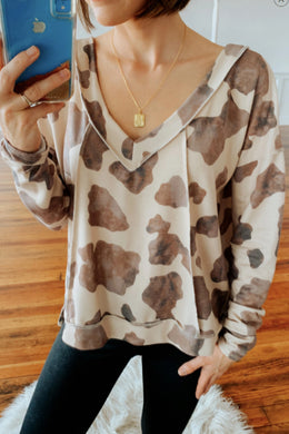 Brown V Neck Animal Print Long Sleeve Top